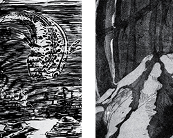 Anaïs CAURA - Sous la mer un gros poisson (détail), xylogravure, taille d'épargne / Yacine GOUAREF - Bayou brumeux (détail), gravure, taille douce