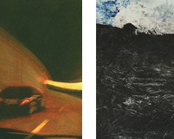 Sylvia BATAILLE - Autochrome III (détail), 2011, manière noire en couleur, 15x21 cm, 11/15 / Eddy DE BUF - série Bunker (détail), monoprints